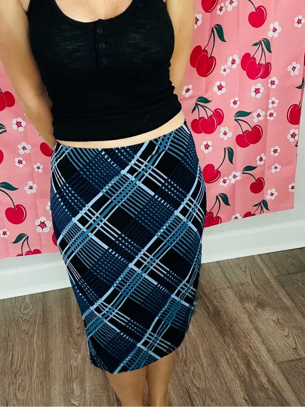 A. Byer Black & Blue Plaid Pencil Skirt